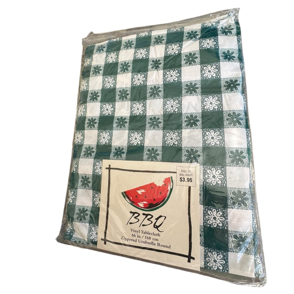 4/$20!! Green and White Checkered Floral Umbrella Round Vinyl Tablecloth